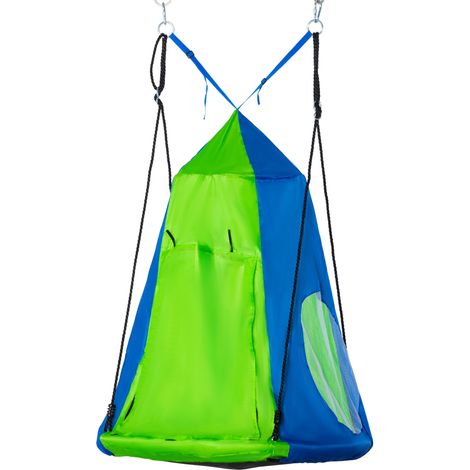 Outsunny Runde Vogelnestschaukel mit abnehmbarem Dach, Ø 100 cm, 4 Ringe inklusive, hochdichtes, epoxidbeschichtetes Oxford-Metall – Grün und Blau