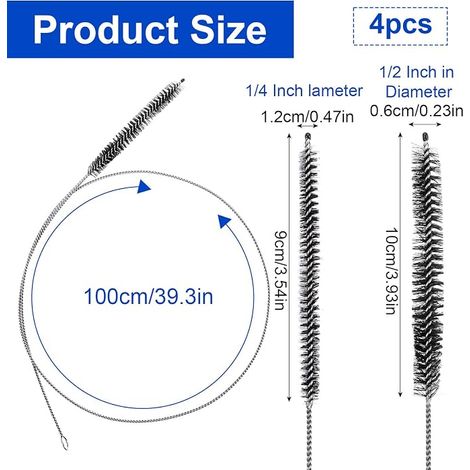 Lot de 4 brosses à tuyau en acier inoxydable avec 2 types de poils, 1 m en nylon, extra longue, brosse à bouteille, brosse pour tuyau à lait, drain de réfrigérateur (1/4)