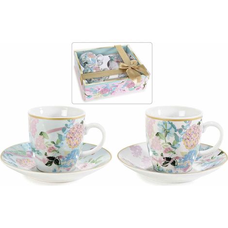 Confezione due tazzine da caffè stile vintage in porcellana con piattino e decori floreali, set da 2 pezzi, Tazzina: Ø 5,5, cm x 6 H