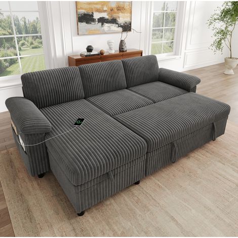 Canapé d’angle convertible 212x150x89 cm en corduroy gris avec rangement, pour petit salon – MEUBLIV (1/5)