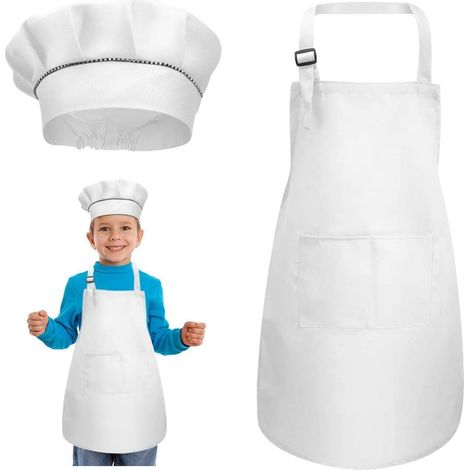 1 Set Tablier et Chapeau Chef Pour Enfants, Blancs Tabliers Enfants, Ajustables Tout-Petits Tabliers Chef, Garçons Tablier Cuisson , Filles Tablier Cuisine Enfants avec 2 Poches Pour Enfants 3 à 6 Ans (1/4)