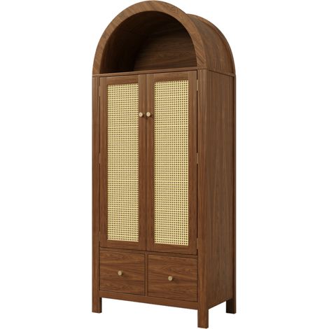 Armoire en MDF et métal Walnuss 181x78x45 cm avec tissage en rotin, 2 portes magnétiques, 2 tiroirs et tringle à vêtements (1/5)