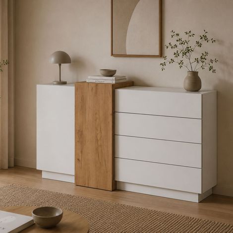 Aparador Hadarari, Alacena 4 Cajones, 2 Estantes, Apertura Abatible, Corredera, 160x45x94h cm Blanco (1/3)