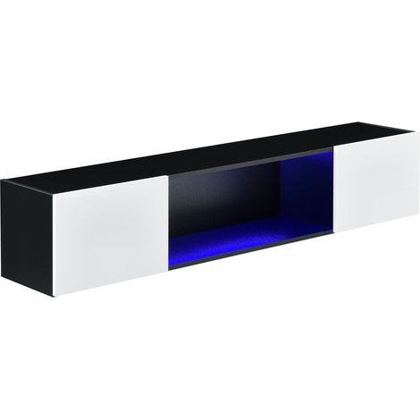Elegante estantería de pared, mueble de almacenaje de diseño con 2 puertas e iluminación LED azul, capacidad de carga de hasta 15 kg, tablero de partículas, 150 x 30 x 30 cm, negro, blanco brillante 0