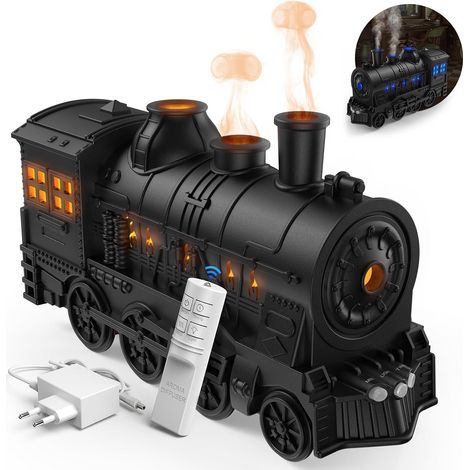 Difusor de aromas para aceites esenciales - Minihumidificador de 300 ml con forma de tren, efecto llama, control remoto, temporizador y adaptador de corriente - Aromaterapia para dormitorio u oficina (1/5)