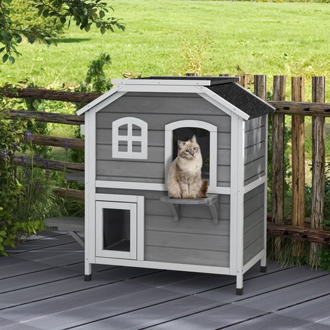 Cuccia per gatti in legno, 2 piani, resistente all'inverno, impermeabile, con tetto in asfalto, coperchio incernierato, scaletta, riparo da esterno per giardino o balcone, 99,5 x 76 x 91 cm, grigia