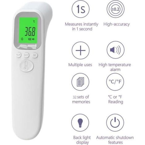 Thermomètre frontal portable - Mesure du front - Écran LCD, alerte fièvre, fonction mémoire (1/5)