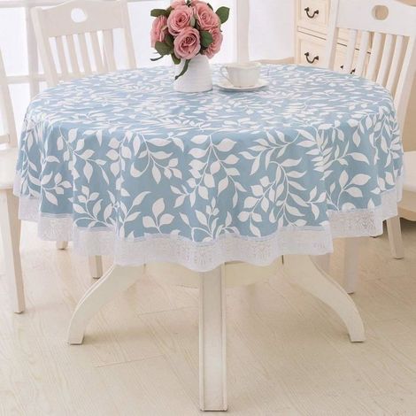 Runde, wasserdichte, abwaschbare und ölbeständige Tischdecke aus PVC-Kunststoff mit Spitze für Küche und Grill, blaues Blattmuster, 152 cm (60 Zoll) (1/4)