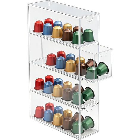 Porte-Capsules en Acrylique Transparent avec 4 Tiroirs, Organisateur de Capsules de Café pour Cuisine et Bureau, Boîte de Rangement, 24,6 x 17,5 x 6,3 cm (1) (1/5)