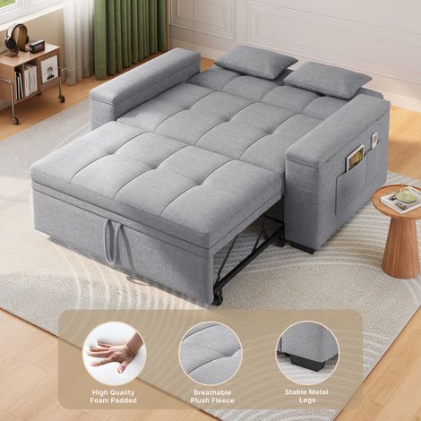 2-Sitzer Schlafsofa Sofa Bealife Sofa mit Schlaffunktion mit 2 Kissen Rollen Armlehnen mit Stauraumeinen Leinenbezug und Gestell aus Holz Metall Hellgrau 157 × 72 × 84 cm