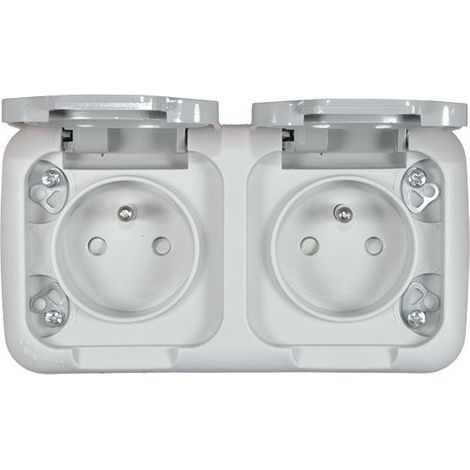 Enchufe con toma de tierra y tapa, doble horizontal, IP54, color gris palmiye
