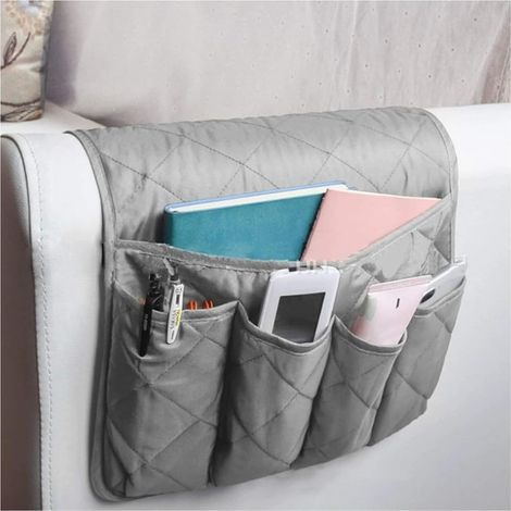 Pochette accoudoir canapé grise 5 poches, support télécommande/magazines/fauteuil inclinable (1/5)