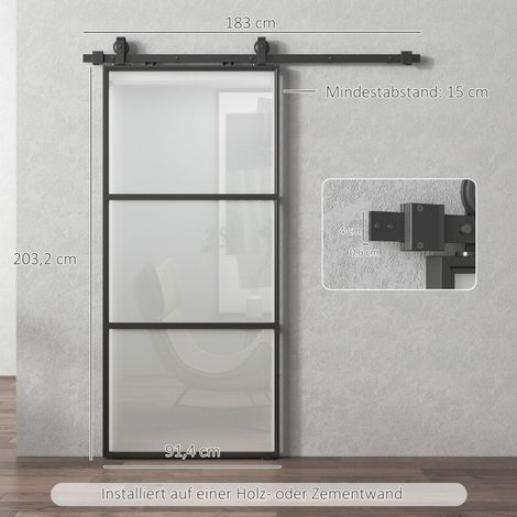Porte coulissante en verre dépoli, rail de guidage, kit de fixation, fermeture amortie, montage facile, acier noir (1/5)