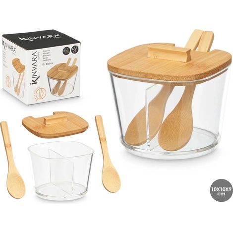 Azucarero de bambú con tapa, especias, cucharas incluidas, marrón (1/3)
