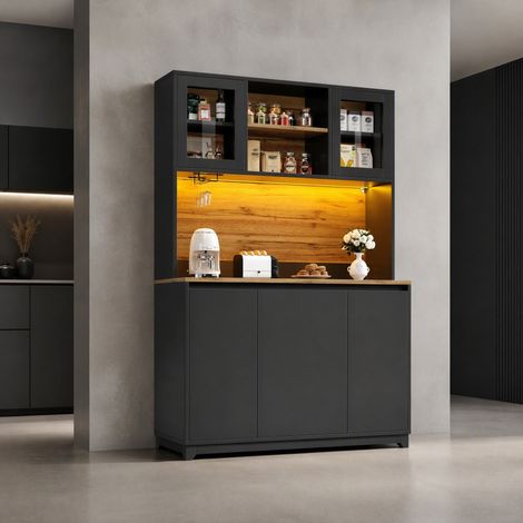 Meuble de cuisine haut 120 x 40 x 180 cm avec portes en acrylique et éclairage LED noir HAVRYA (1/5)