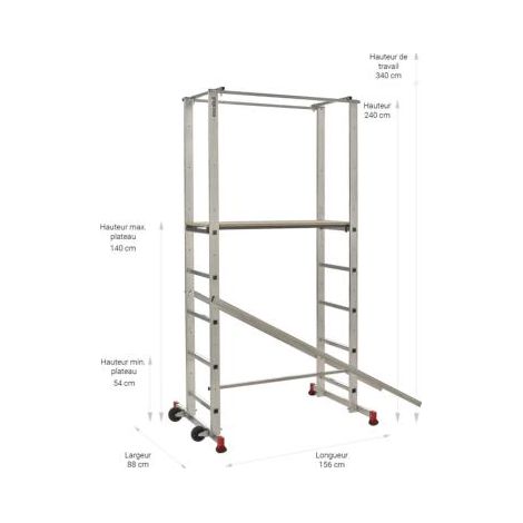 Escalux – Échafaudage aluminium 150 kg – Hauteur de travail 3,60 m – 1 plateau 111x41 cm – Système de garde-corps – 4 larges embouts anti-dérapants