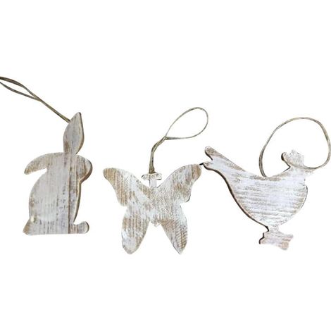 Juego de 3 colgantes de madera: Conejo, Mariposa, Gallina