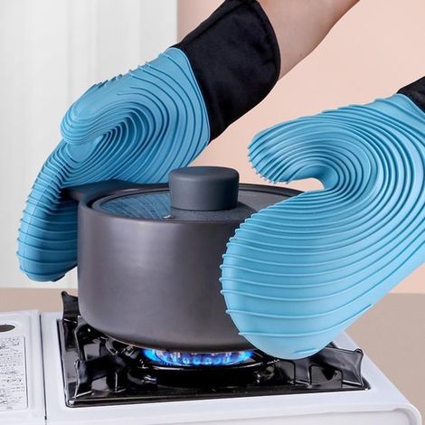 Guanto da forno in silicone con fodera in cotone, resistente al calore, ideale per cucinare, grigliare e servire. Flessibile, comodo e antiscivolo. (1/5)