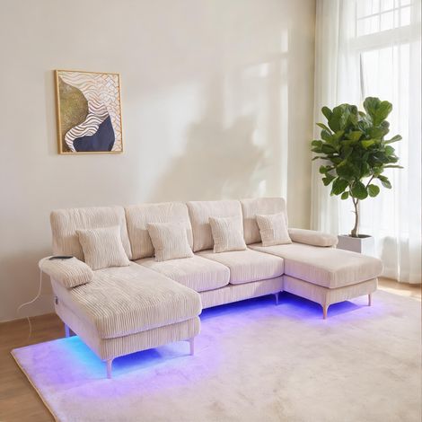 Sofa modulaire en U velours beige avec LED et USB en velours (1/5)