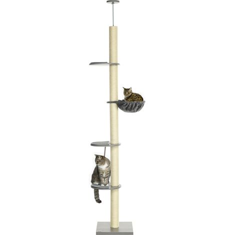 Rascador para gatos de suelo a techo ajustable 230-250 cm con hamaca gris y crema HOMVRA (1/5)