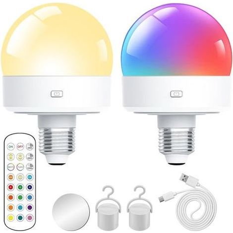 Ampoule rechargeable USB, lot de 2 ampoules LED avec télécommande, 15 couleurs, parfaites pour le camping et la décoration. (1/5)