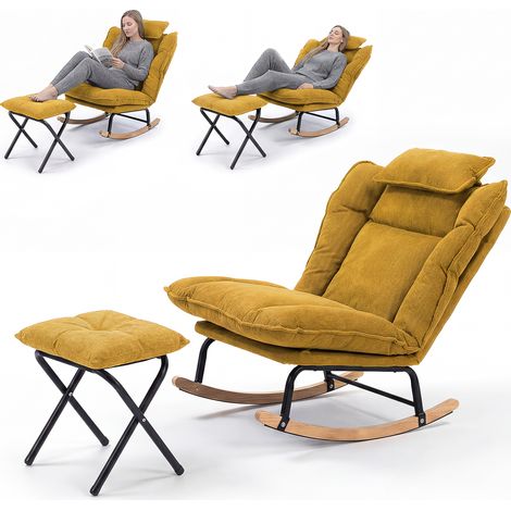 Fabulcozy Schaukelstuhl aus Cord mit Fußstütze, Stillstuhl mit Kopfstütze, 3-fach verstellbare Rückenlehne, abnehmbares Kissen mit Klettverschluss, Massivholzgestell – Wohnzimmer/Balkon, 81 × 80 × 84 
