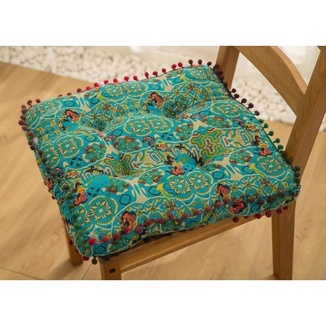 Coussin de chaise carré bohème en coton et lin pour salle à manger, cuisine, chaise de bureau, coussin de chaise imprimé ultra doux avec pompon (bleu, 40 x 40 cm) (1/5)