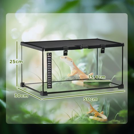 Terrarium surélevé pour reptiles avec serrure et thermomètre, en verre et grillage, 50 x 30 x 25 cm, noir (1/5)