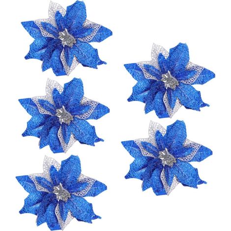 Lot de 5 Fleurs Artificielles de Noël Bleues 25 CM en Tissu Hexagonal Doré Scintillant Décoratives pour Arbre Couronne et Centre de Table (1/5)