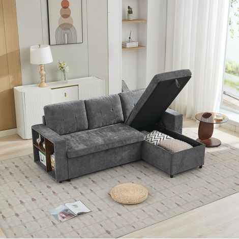 Ecksofa 202 × 136 × 85 cm in Grau aus Chenille mit Stauraum und wendbarer Ottomane