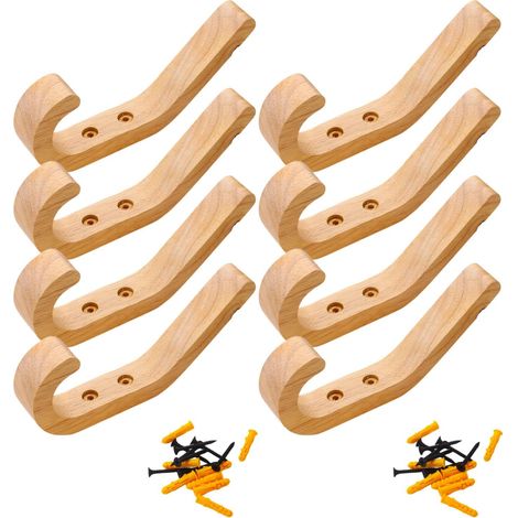 Perchero de pared de madera maciza (8 piezas) - Gancho de roble pulido a mano - 10 kg - Gancho de pared para cocina, dormitorio y sala de estar