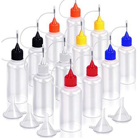 Lot de 12 flacons applicateurs à embout de précision, 6 couleurs, 30 ml, avec 5 entonnoirs. (1/5)