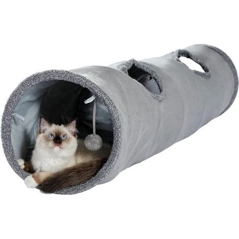 Tunnel pour chat en daim 130cm – 2 trous et balle suspendue – Jouet interactif pour chats et lapins – Durable et sûr - Dia30 (1/5)