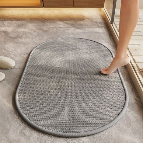 BBPETOPE Tapis de bain ovale gris tissé aspect lin, tapis absorbant antidérapant pour salle de bain, séchage rapide (1/2)