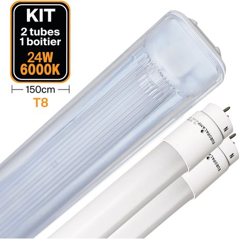 Europalamp – Kit de 2 tubes LED T8 24W 150cm blanc froid – Boîtier étanche IP65 – Économie d'énergie jusqu'à 80% – Allumage instantané