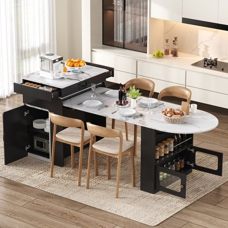 Kücheninsel mit Rollen, Ausziehbarer Esstisch mit Steckdosenleisten und LED-Beleuchtung, Anrichte mit Schubladen, dient als Kücheninsel, Sideboard oder Bartisch für Küche und Esszimmer (Schwarz) (1/5)