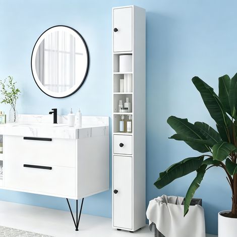 Tall Slim Bathroom Storage Unit 180cm, Multi-Purpose Freestanding Cupboard with 2 Door Cabinets, 4 Open Shelves and Adjustable Shelves for Home Use (1/5)