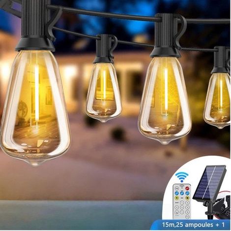 Guirlande lumineuse LED d'extérieur Solaire,15m,25+1 ampoules en plastique ST38 Avec télécommande,étanche IP45,2700 K blanc chaud (1/5)