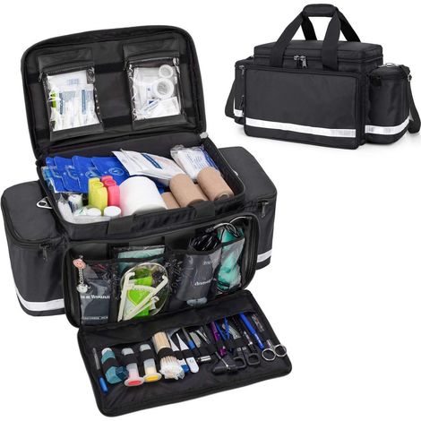 Grande trousse de secours pour secouristes, noire, avec de nombreux compartiments et bandes réfléchissantes