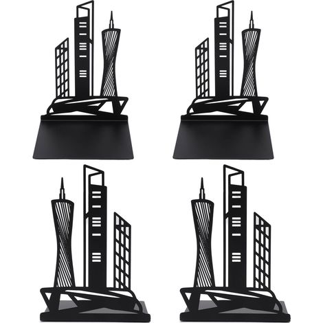 4pcs Serre-livres Noir Style Architectural Décoratif Antidérapant Métal Support de Livres Bureau DIY Rangement Étagère Livres (1/5)