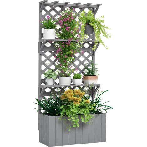 Outsunny Wooden Raised Planter with Trellis and 2 Shelves, Grey