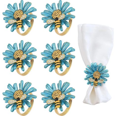 Ronds de serviette vintage 6 pièces, abeille bleue et tournesol, en alliage de métal, pour table de mariage (1/3)