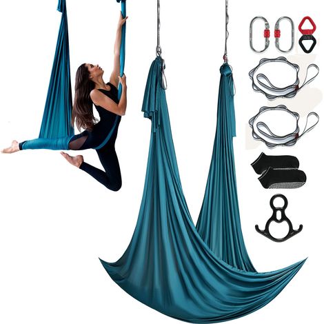 VEVOR Altalena per Yoga e Seta Aerea, 11 Metri, Kit Amaca per Yoga Aerea con Tessuto in Nylon da 100 g/m², Hardware Completo per L'attrezzatura e Guida di Installazione Facile Verde
