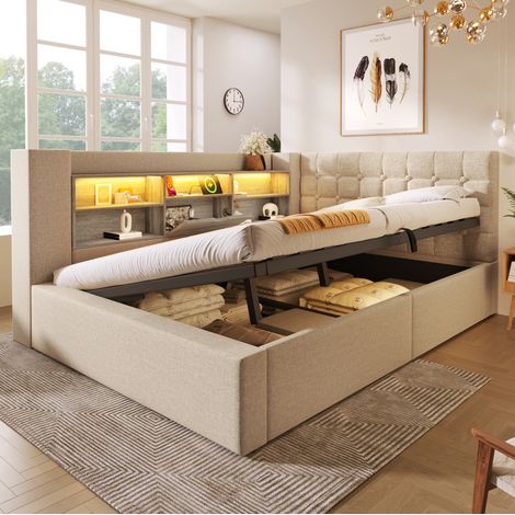 Lit adulte rangement 140x200 LED lin beige ports USB HAVRYA (1/5)