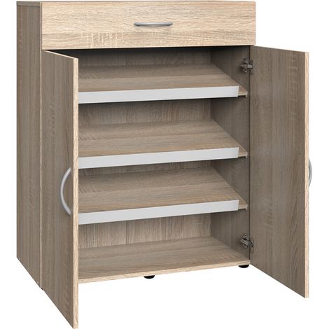 Pegane – Meuble à chaussures 2 portes 1 tiroir en bois mélaminé imitation chêne – Dimensions 80x98x40 cm – Idéal pour rangement optimisé