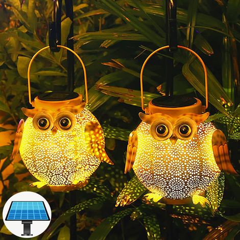 Farol solar LED para exterior, juego de 2 luces colgantes para jardín, impermeables, IP44, con forma de búho, para decoración exterior, iluminación solar para paisajismo, pasarelas, césped, escalones, (1/5)