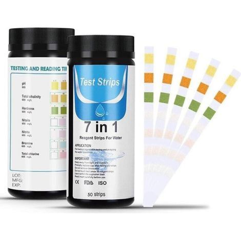 7 en 1 Testeur pour Eau de Piscine et Spa, 50 Bandelettes Test Piscine, Test Piscine Chlore et ph, Le Brome, la Dureté Totale, l’Alcalinité Totale, l’Acide cyanurique, Le Chlore Total (1/5)