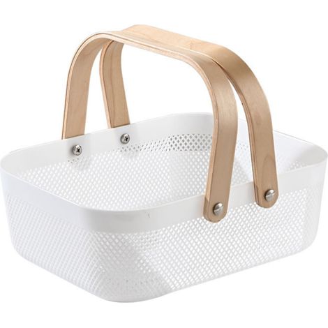 Panier rectangulaire, anses, Corbeille de Rangement, métal et Bois, panière ustensiles, Salle de Bain, Blanc (1/5)