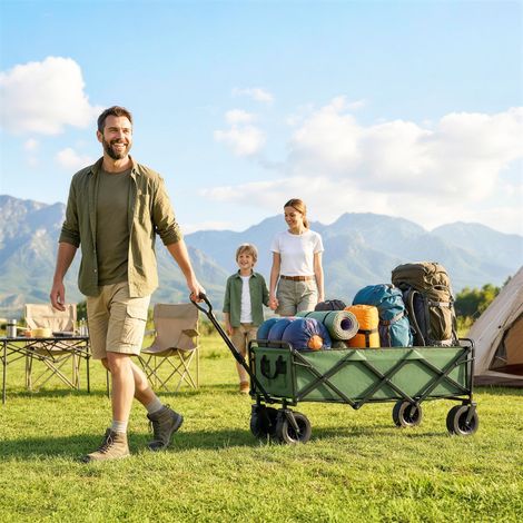 Chariot de Jardin Pliable 130L avec Roues. Remorque Robuste avec Freins. Poignée Réglable. vert