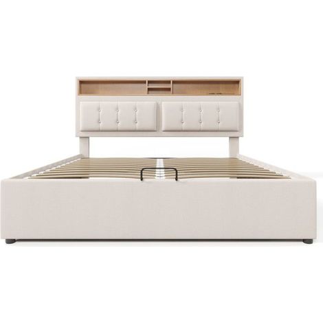 Lit coffre 160x200 cm - Lin beige - Tête réglable - Espace de rangement - Prise USB intégrée (1/5)